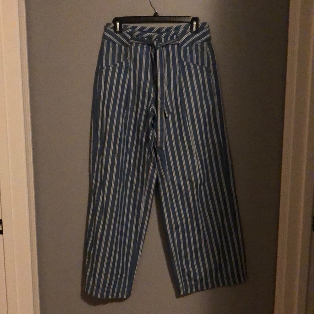 blue and white pinstripe paints with tye